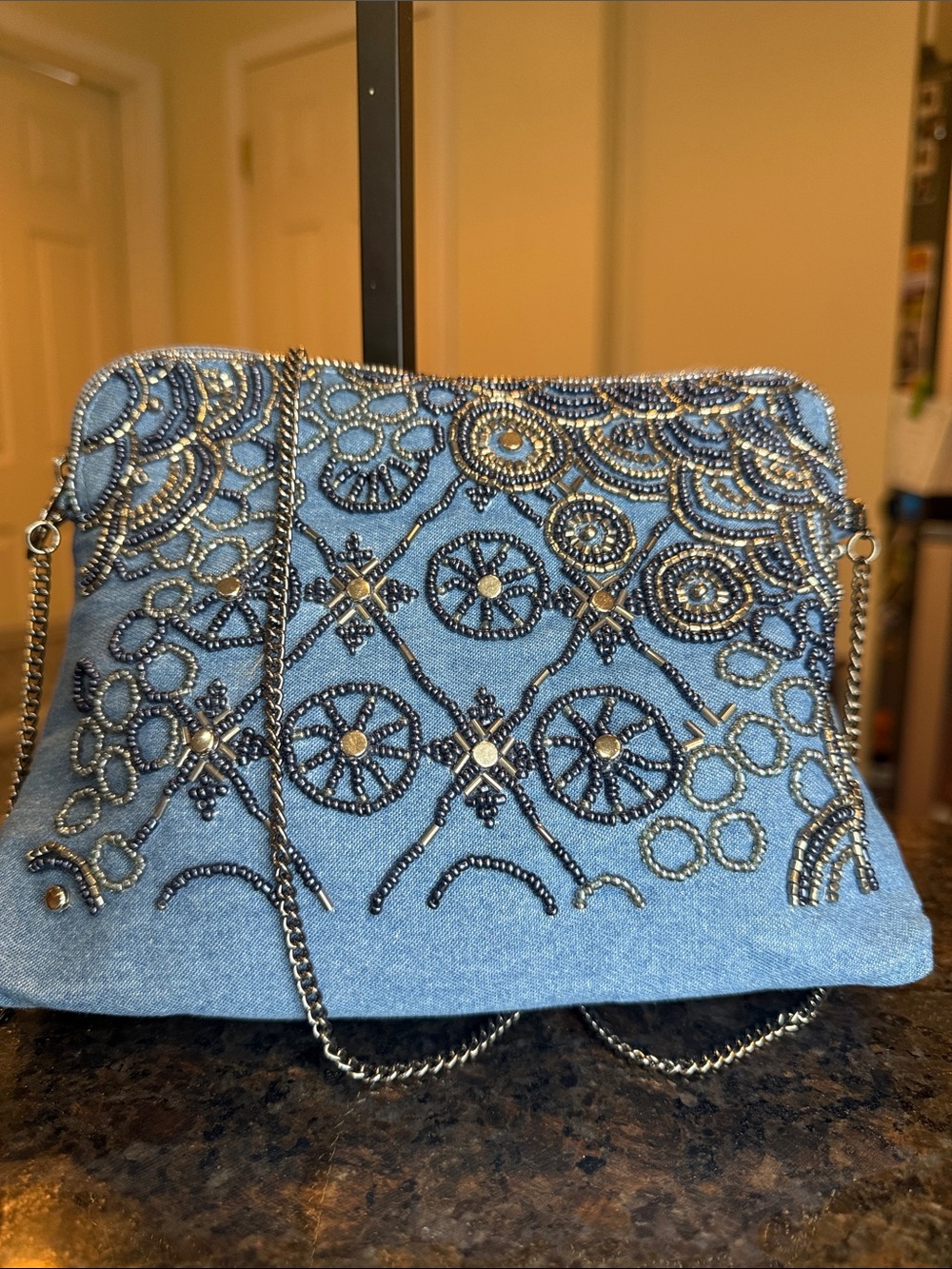 Mary Frances Denim Blue Beaded Crossbody with Silver Accents